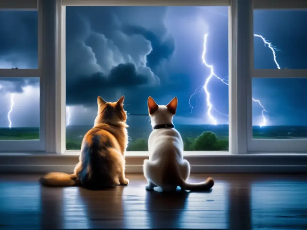 In the midst of chaos, a dog and a cat stand by a window facing a raging hurricane