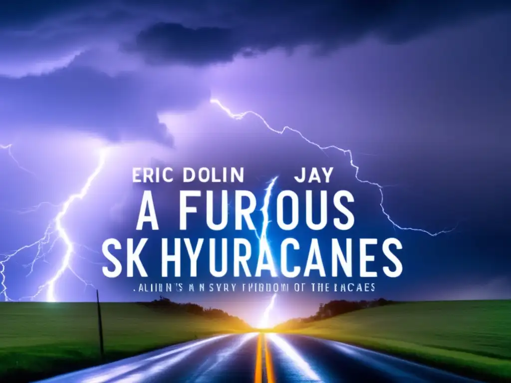 A surreal, haunting lightning bolt illuminates the foreground of Eric Jay Dolin's book cover, casting eerie shadows on his author profile, while hurricanes rage in the background