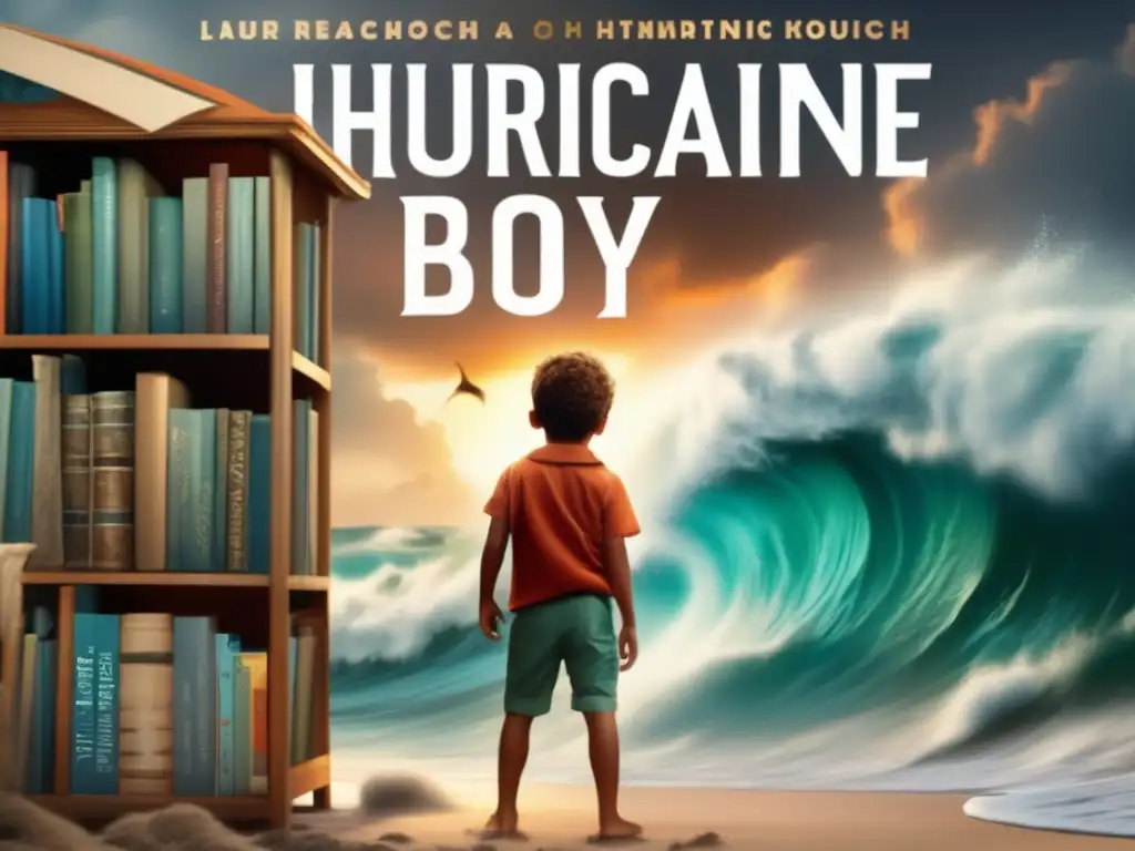 Hurricane Boy book cover:5 sepia tones depict a young boy, caught in the eye of a raging hurricane, battles through stormy weather, waves crash around him