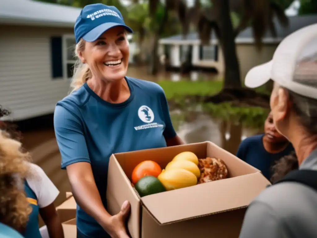 An emotional and cinematic closeup of a volunteer generously delivering food to grateful survivors, amidst the devastating aftermath of a hurricane