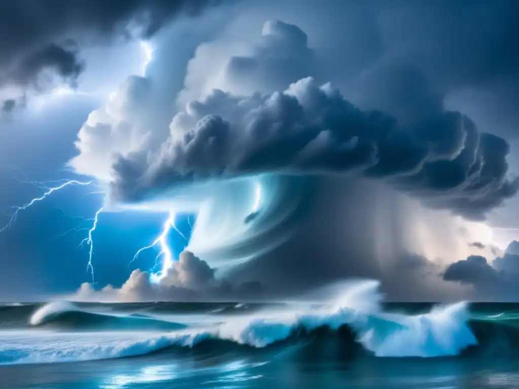 Hurricane brews in unforgiving ocean with waves crashing and tempestuous sky, white clouds and lightning bolts illuminate