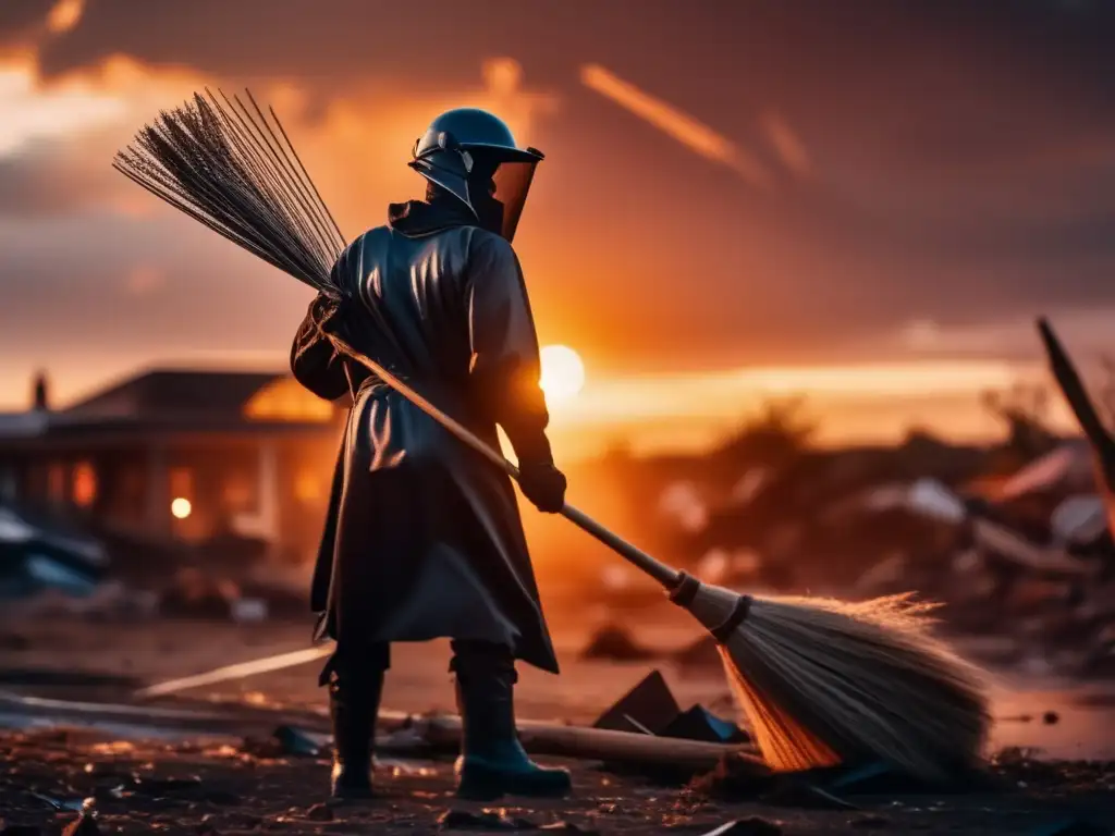 Dash: A broom-wielding hero in full gear, battling a hurricane's wrath at dusk, amidst debris - courage and resilience embodied