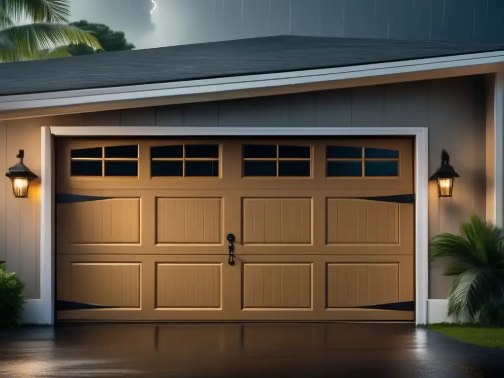 Amidst the chaos of a hurricane, a garage door stands strong thanks to reinforced braces and supports