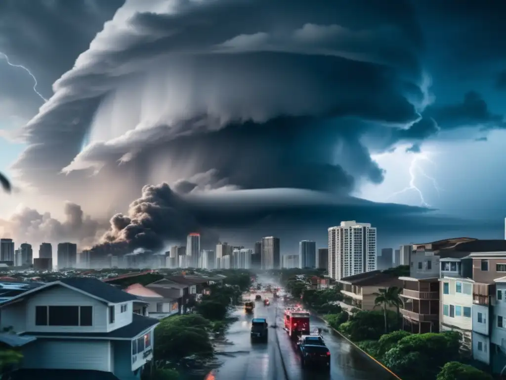 In the foreground of this cityscape, a hurricane approaches with force