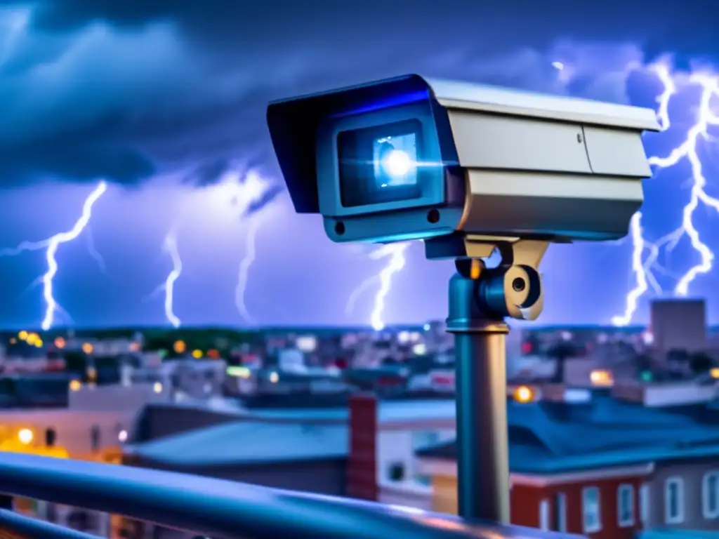 A weather-resistant outdoor camera perched on a rooftop during a hurricane, capturing a live feed of a bustling city in a panic