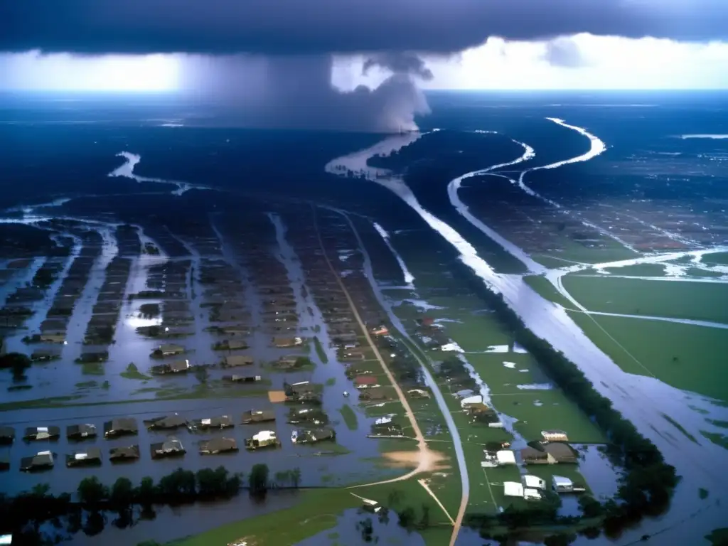 A cinematic, emotionally charged aerial view of Hurricane Camille's aftermath, where the battered city remains visible in the gloomy, foreboding sky