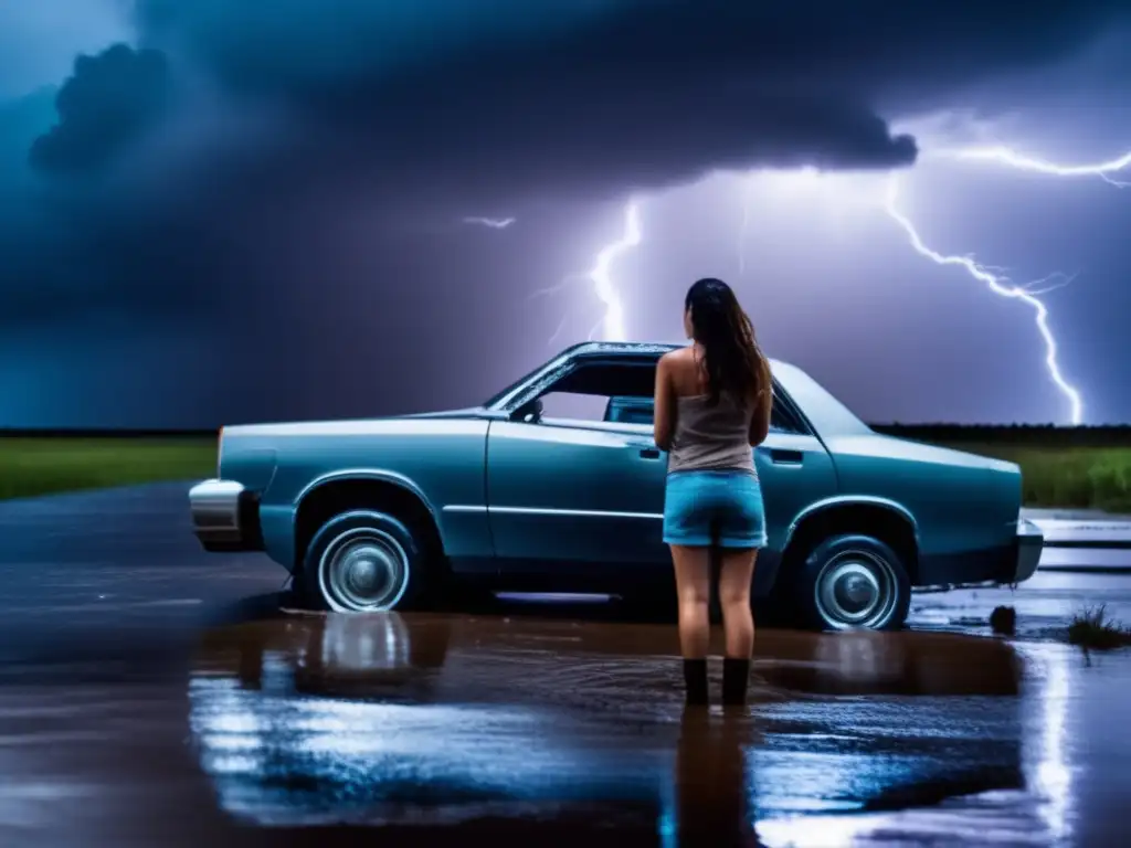 A woman stands in despair outside her submerged car during a hurricane, with flashing lightning illuminating the stormy sky above