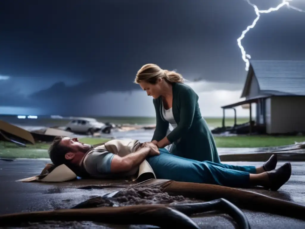 A woman offers comfort to a wounded man in the midst of a hurricane, with debris and destruction surrounding them