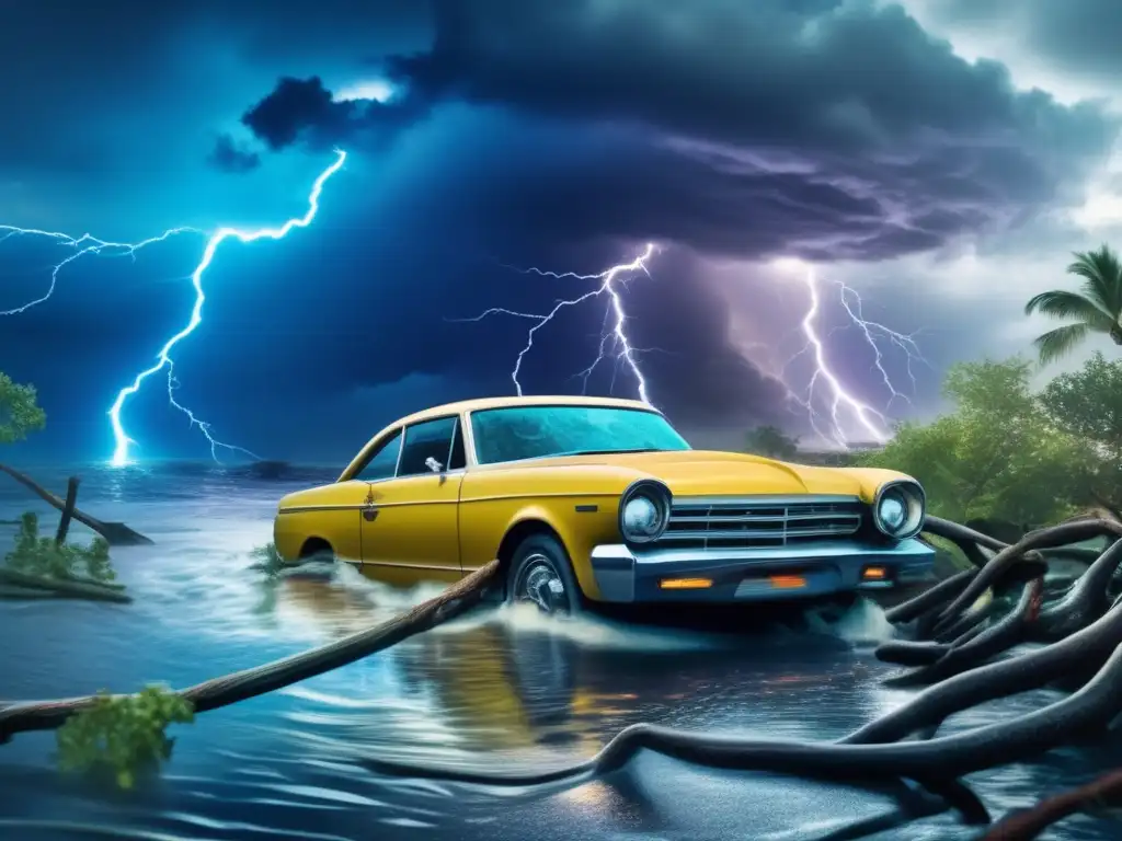 A dramatic image of a car trapped in a flooded area during a hurricane, with its tires partially submerged and body illuminated by lightning