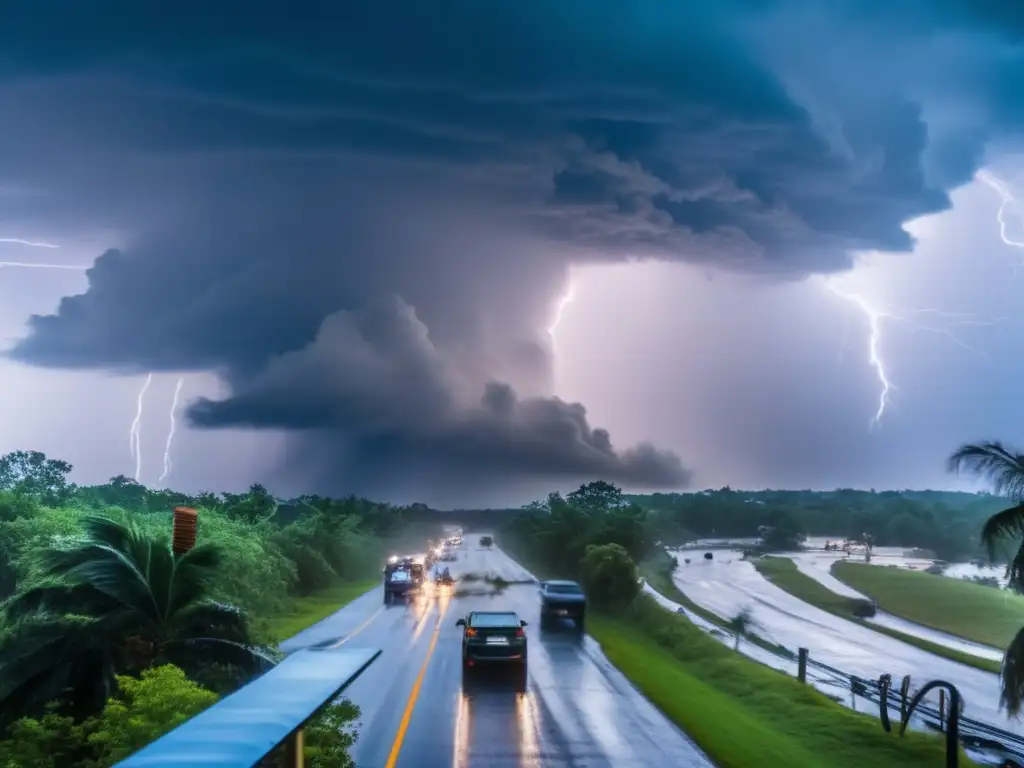 Dark skies overtake the landscape as trees sway with the power of a storm