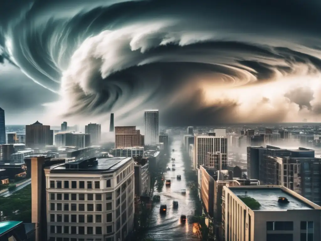 A terrifying display of power as a hurricane wreaks havoc on a bustling city's skyline, sweeping buildings and cars into its path