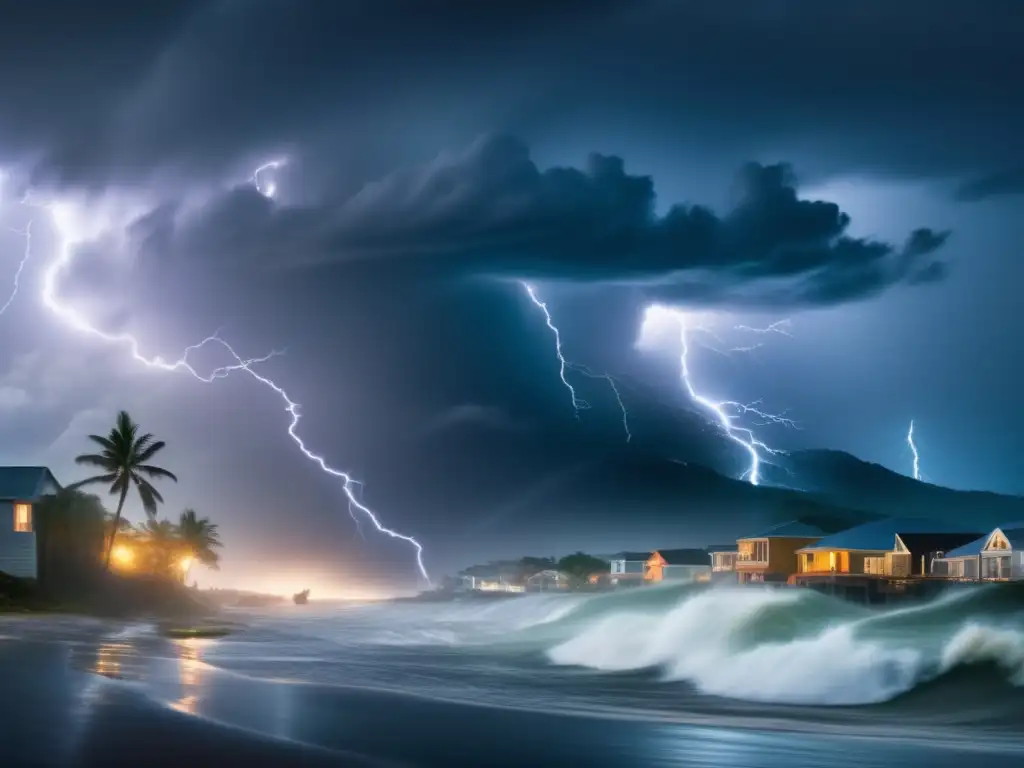 Devastating Hurricane - Nature's Fury Ravages Coasts, Lightning Glows in Dark Clouds, Evoking Awe and Wonder