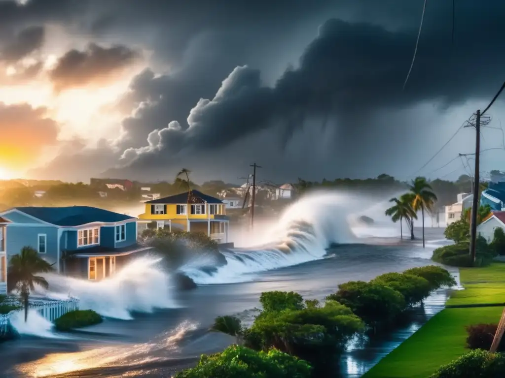 A powerful hurricane ravages a coastal town, uprooting trees and destroying buildings, as the sun rises in the distance