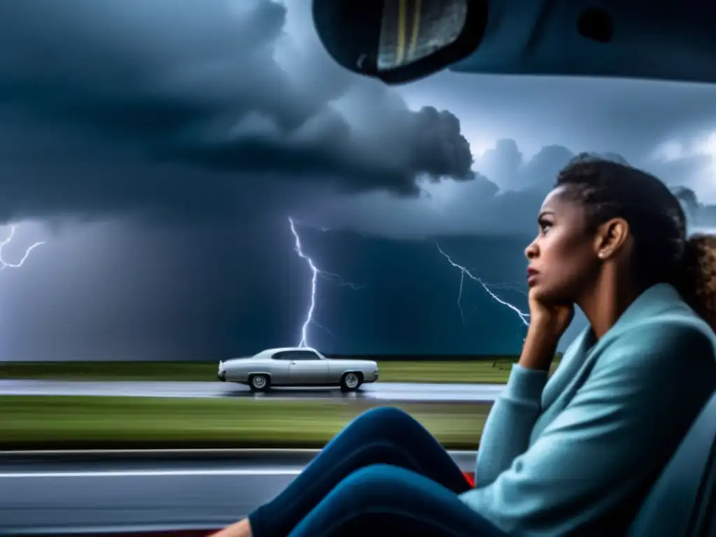 A woman braces herself during a hurricane, clutching a gasoline can and generator