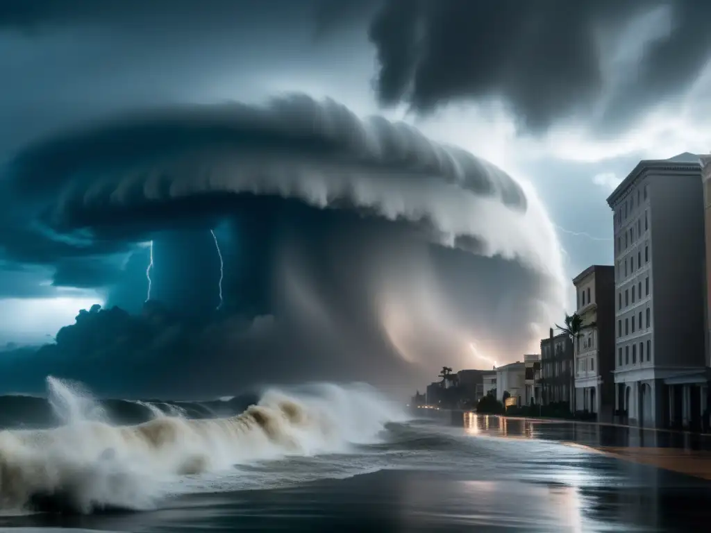 A cinematic view of a hurricane wreaking havoc on the coastline, with flooded streets and buildings, shown in a wide shot from a distance