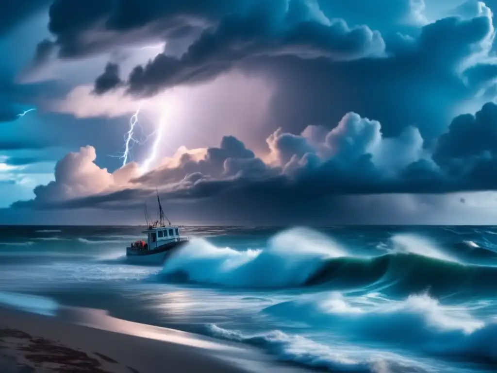 A thrilling cinematic image of a hurricane raging over the open ocean, with towering clouds and lightning flashes illuminating the sky