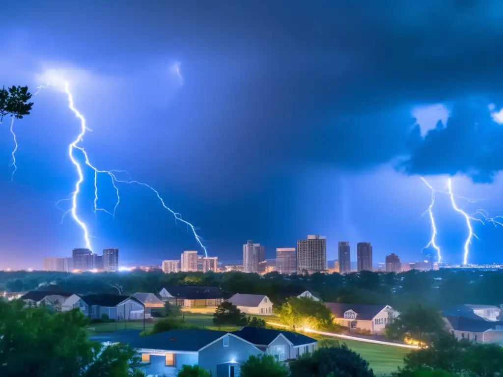 A thrilling photo of a hurricane wrecking havoc on a cityscape as lightning strikes and buildings sway, casting long shadows