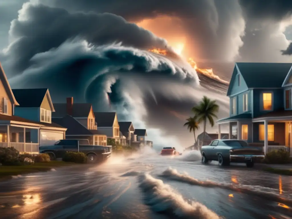 A hurricane ravages a coastal town, filling the sky with rage and beauty as storm clouds illuminate the devastation