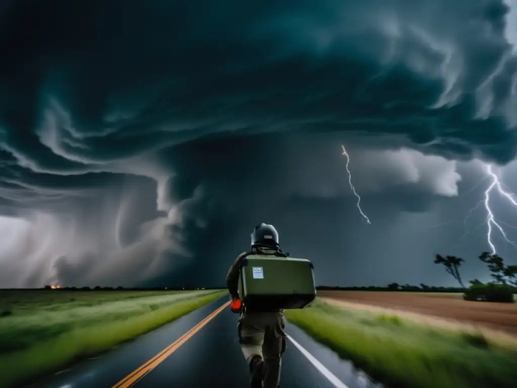 In peril, a Hurricane Chaser braves wild winds in pursuit of truth, leaning towards danger as lightning and torrential rain swirl around, their Samaritans suitcase in hand, ready to aid those in need