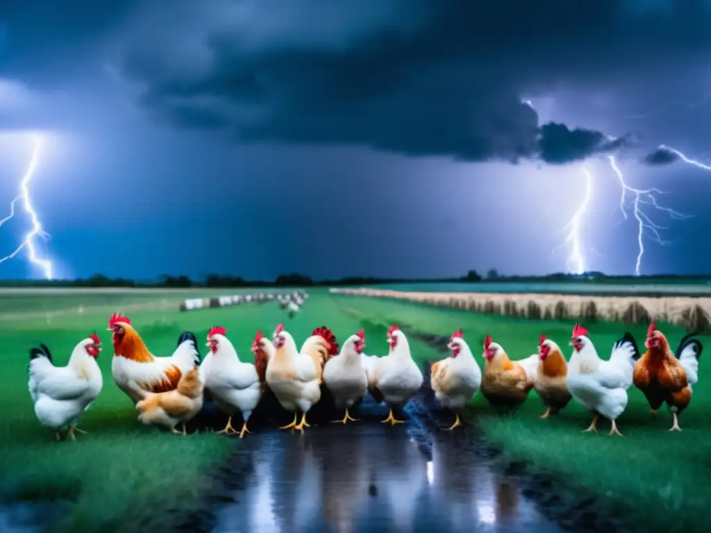 A cinematic image of a stormy night, with a flock of chickens seeking shelter during a hurricane