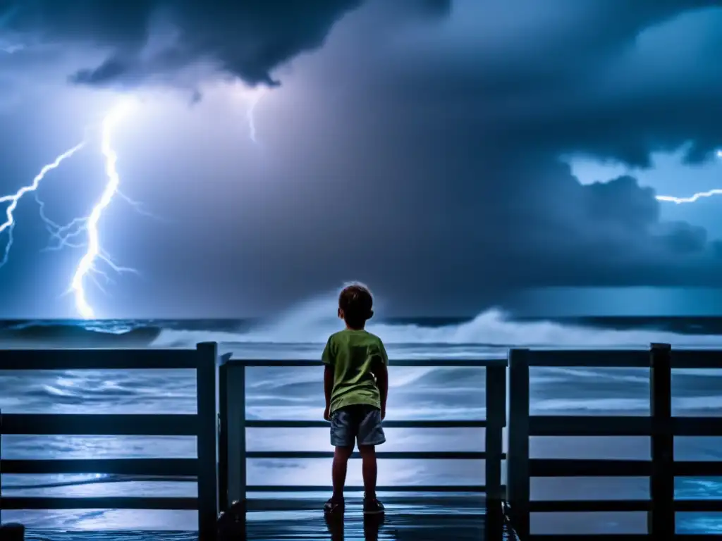 This cinematic image captures the power and destruction of a hurricane over the ocean, with lightning strikes and torrential rain