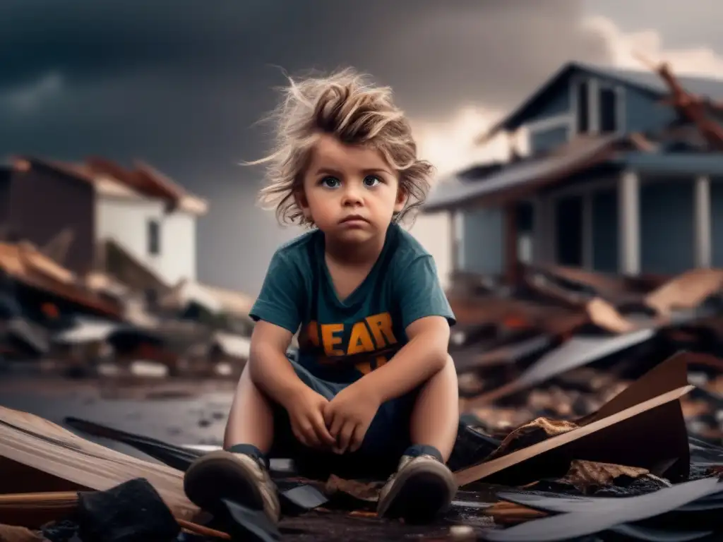 A young child, mesmerized by the chaos of a hurricane, sits amidst debris and destruction, eyes wide with fear and awe