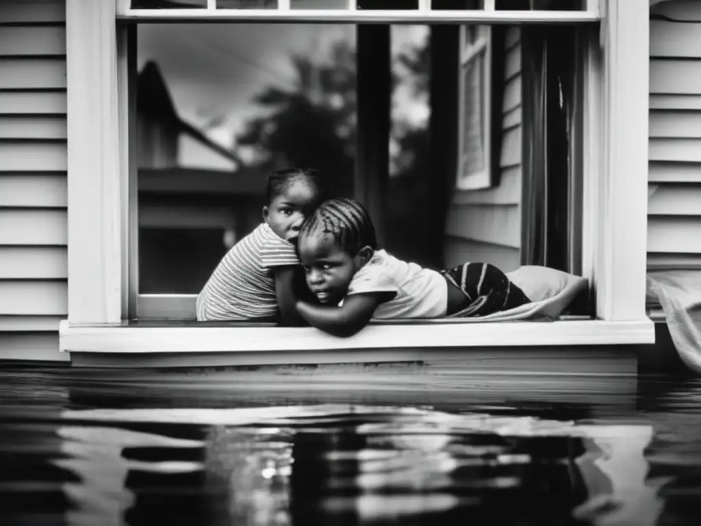 A poignant black and white photo captures two young children seeking safety on a flooded window ledge