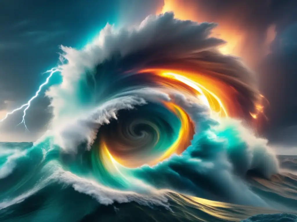 A hurricane in full force, swirling with vibrant colors and light, reaches out to touch the Earth in this dramatic, cinematic shot