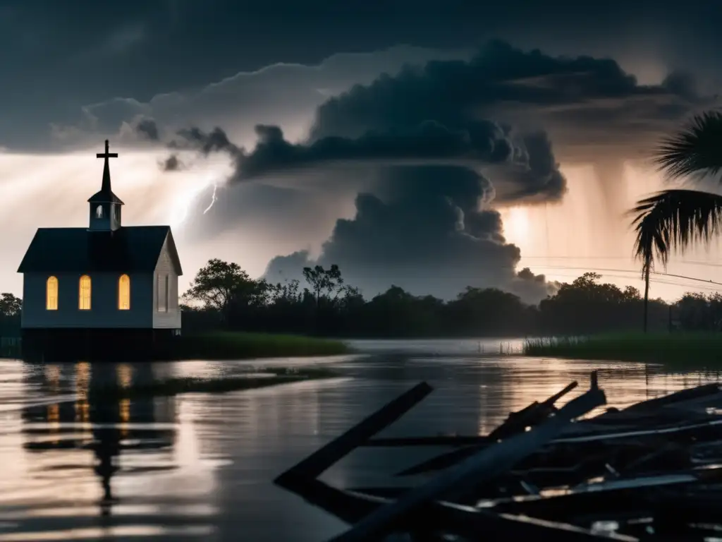 A devastating hurricane ravages the bayou, its swirling winds engulfing a church and leaving wreakage in its wake