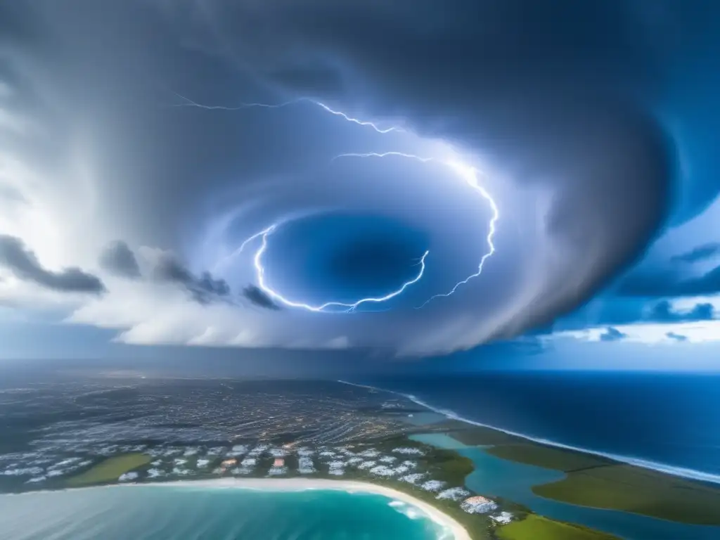 A breathtaking image of a hurricane approached from above, with dark clouds swirling in a spiraling pattern around a serene blue sea