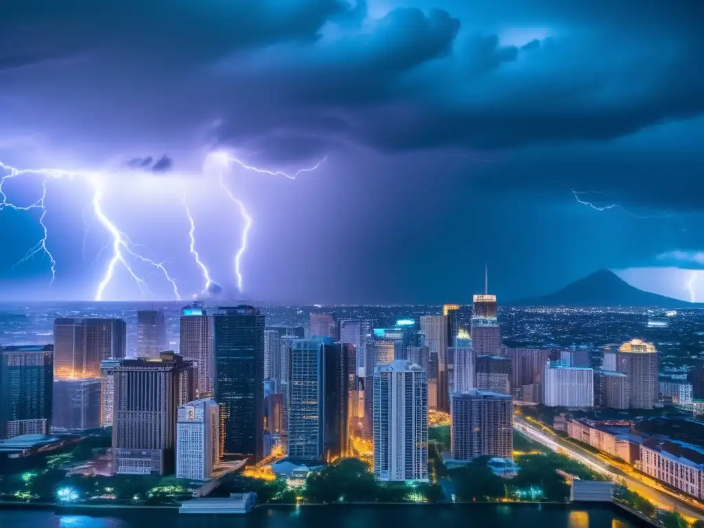 A breathtaking cinematic shot of a city ravaged by a hurricane, with lightning strikes illuminating the stormy sky