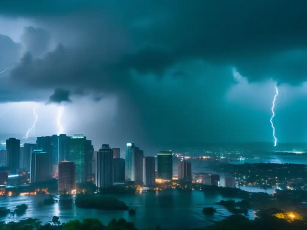 Amidst a hurricane, the cityscape is drenched in rain, with thundering skies in the background