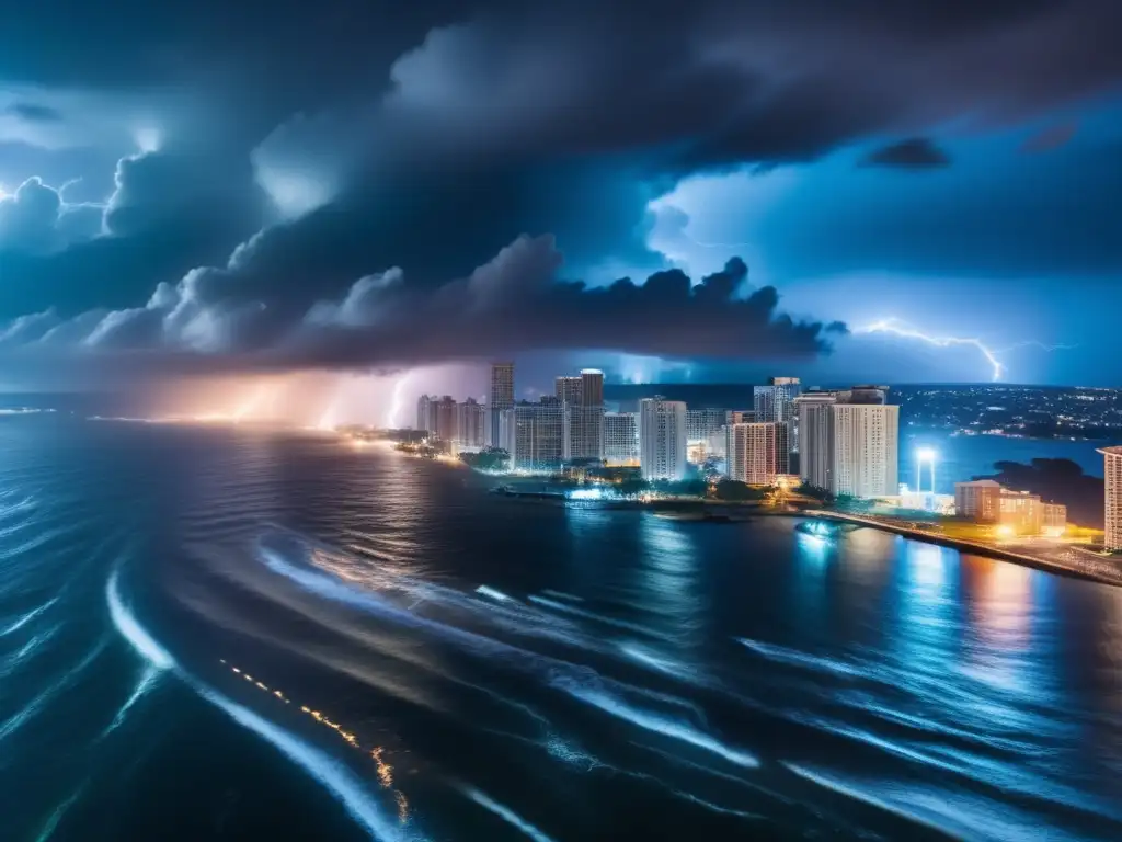 An aerial view of a coastal city hit by Hurricane winds, with buildings swaying perilously and floodlights illuminating the danger