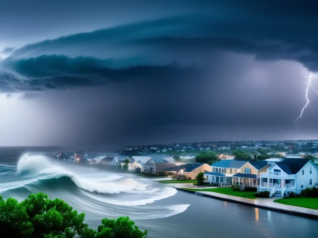 A breathtaking panoramic view of a coastal city gripped by a severe hurricane