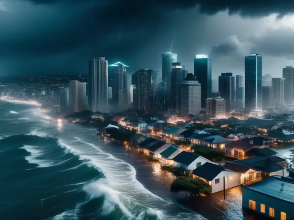 A breathtaking, yet ominous aerial shot of a city swallowed by a hurricane