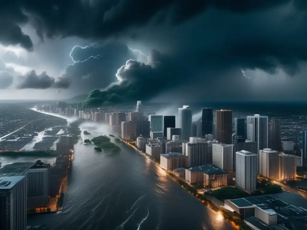 A cinematic aerial view of a city hit by a hurricane, with storm clouds passing overhead and fierce wind and rain blowing