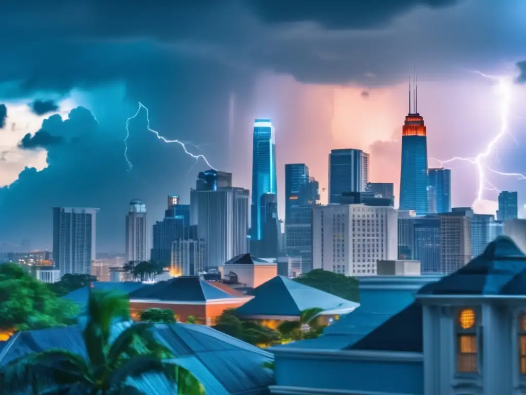 A cinematic-style image captures a city skyline under a brewing tropical storm, with iconic landmarks and bustling streets