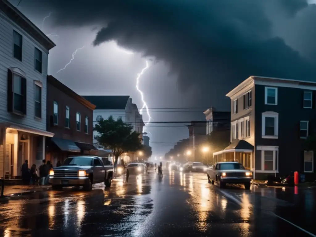 A dramatic image of a city street during a hurricane, with people seeking safety in doorways and manholes, while the wind and rain whip around them