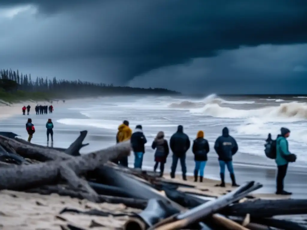 Grief-stricken community gathers on devastated beach during a formidable storm, armed with determination and recovery tools