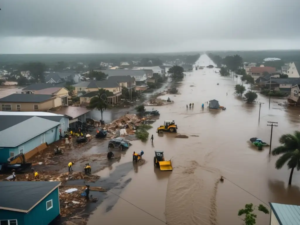 Amidst the wreckage of a city ravaged by a hurricane, people work together with determination to clean up and restore their hometown