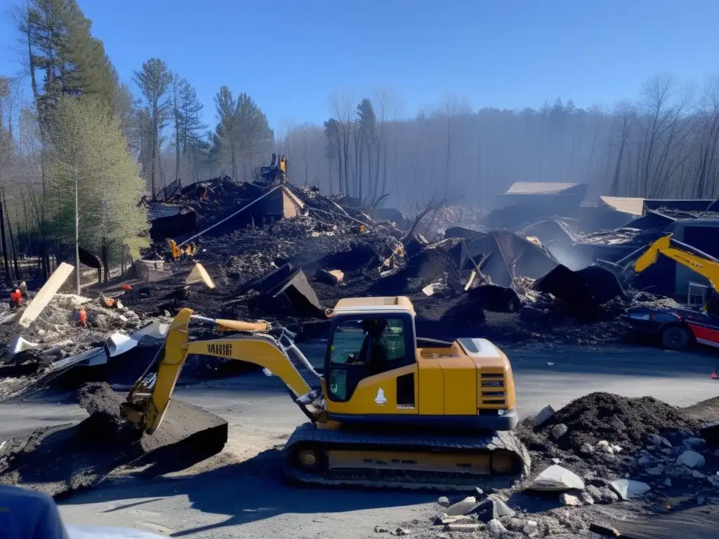 Community volunteers dig tirelessly through debris, sweeping, scooping, and using heavy machinery to clear the path