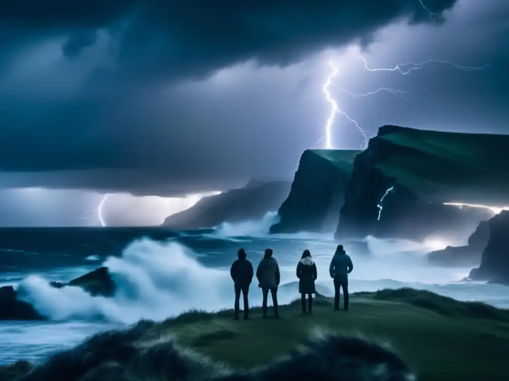 Intense and ominous, this image presents a group of people clinging to safety on a stormy cliff overlooking a turbulent sea