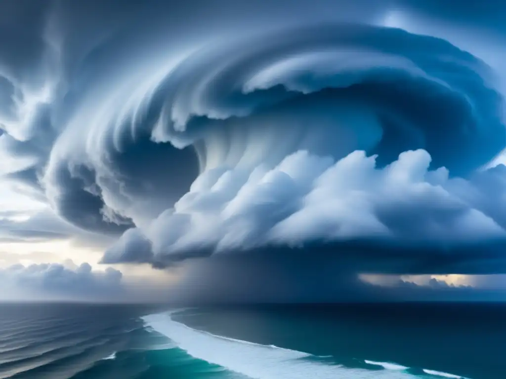 A breathtaking aerial view of a vibrant hurricane, with swirling clouds casting dramatic shadows on the surrounding ocean