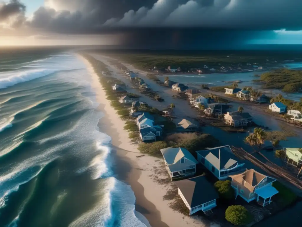 In dramatic aerial shot, 8k ultrahigh resolution captures coastal town ravaged by hurricane