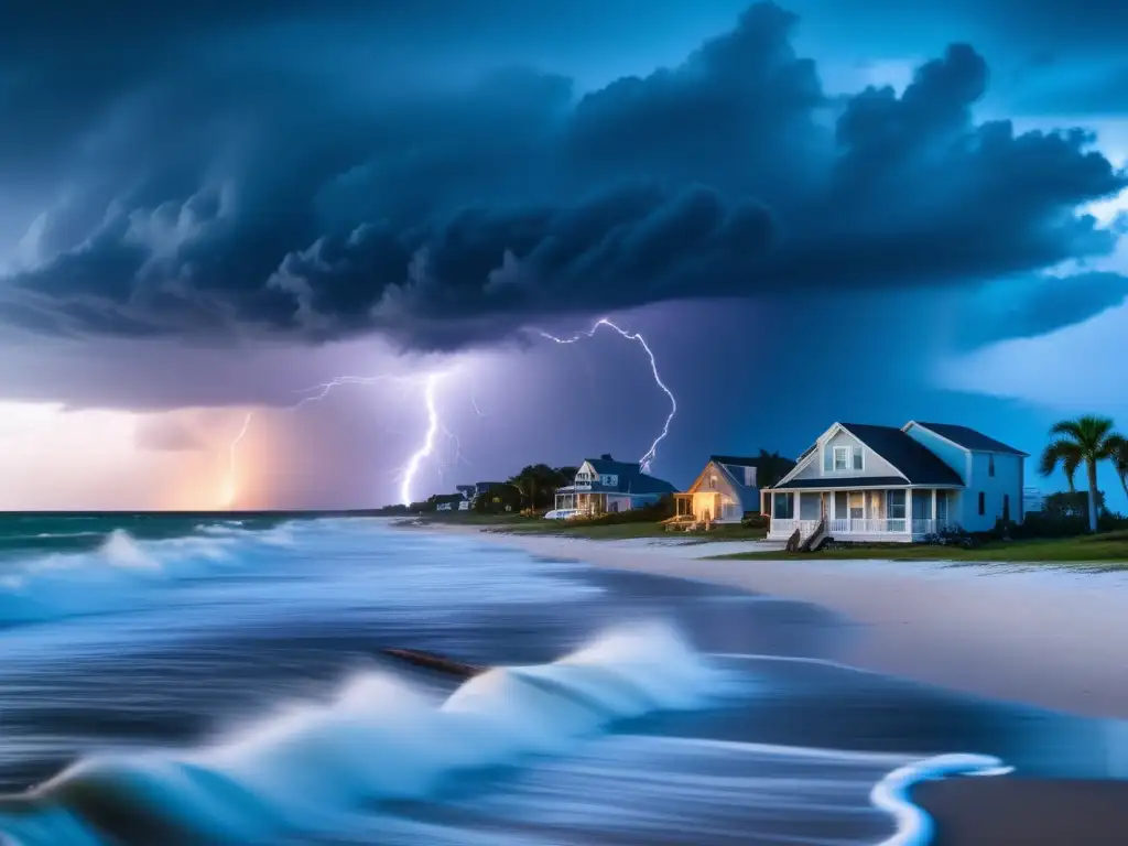 A haunting scene of a coastal town in turmoil due to a hurricane