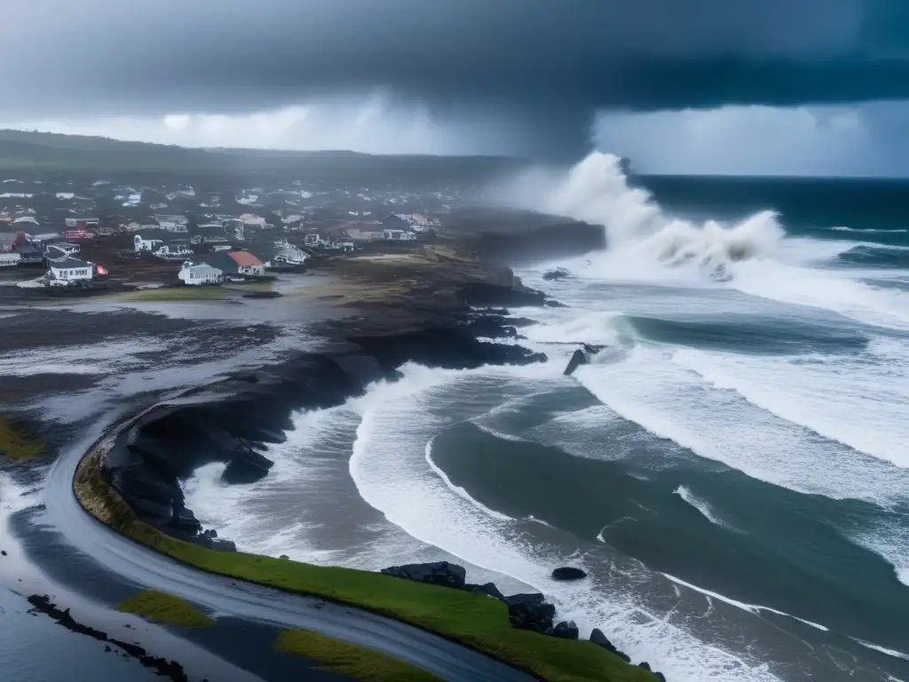 A hurricane's wrath leaves destruction in its wake: a devastated coastline with buildings torn apart, waves crashing, and a dark, overcast sky