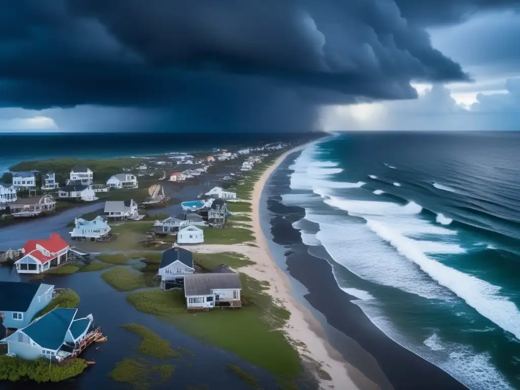 A post-hurricane aerial view of a desolate coastline, with waves crashing against the shore and debris strewn about