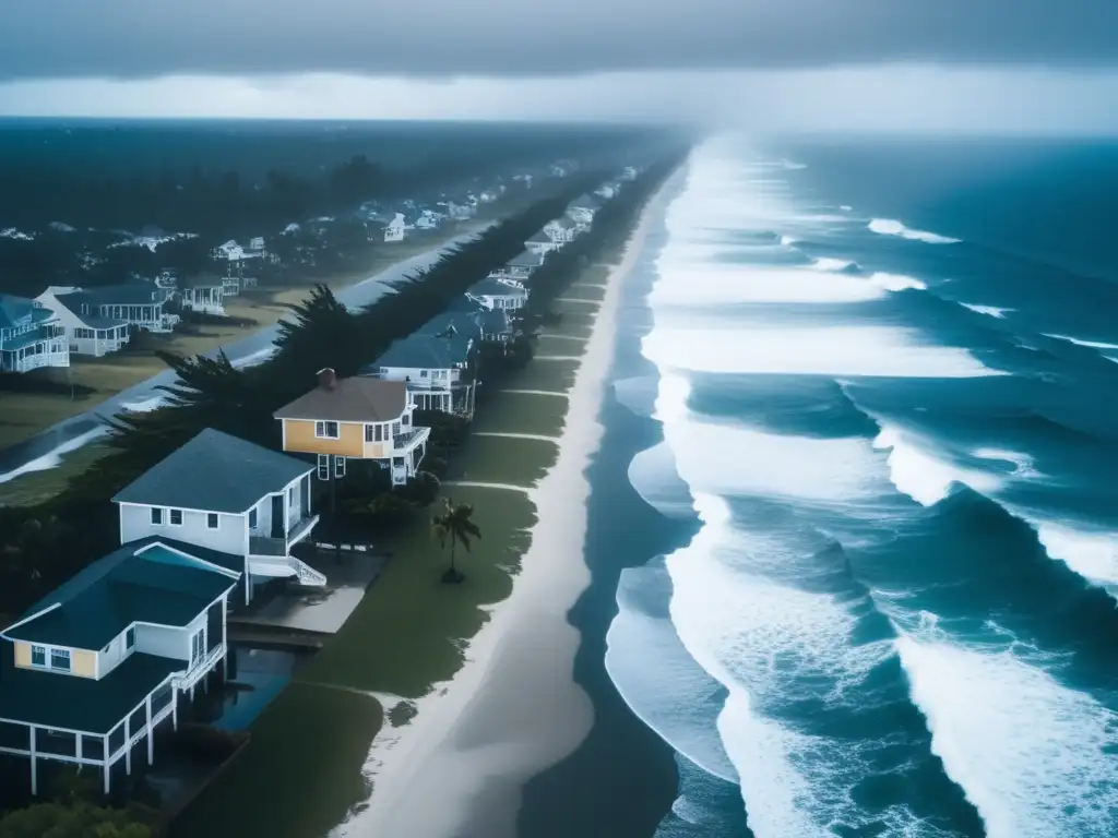 A harrowing aerial shot of a hurricane-torn coastline captures the essence of fear and desperation, with countless waves crashing against the shore