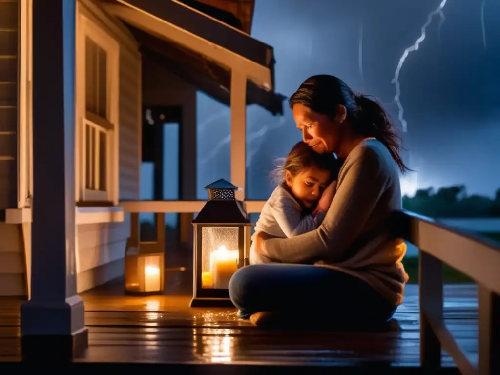 A mother and child on a stormy porch, the wind howling fiercely, rain pouring down, lightning illuminating the scene in the distance