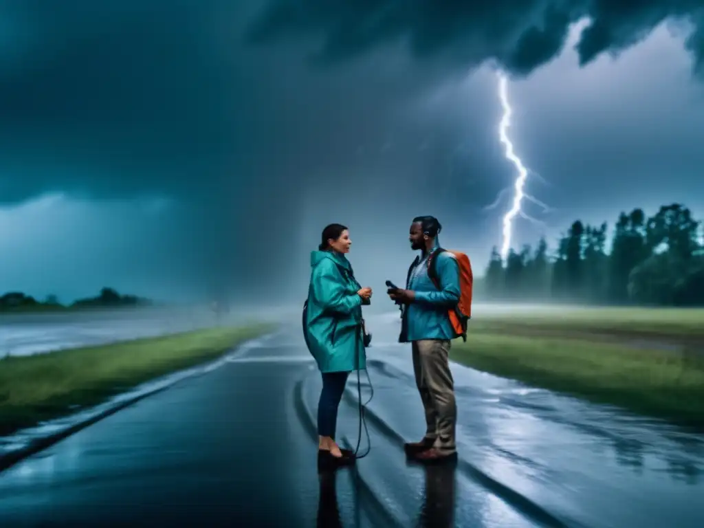 The hurricane's wind howls as two tireless volunteers hold twoway radios, their expressions resolute beneath the intense rainfall